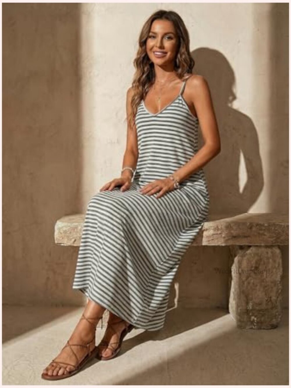 Striped Maxi Dress Deep V Neck Spaghetti Strap Sleeveless Casual View 3